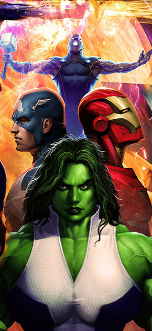 She Hulk με ήρωες της Marvel ταπετσαρία — iPhone 14 Plus Ταπετσαρία