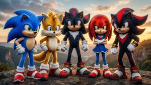 Ο Sonic και οι φίλοι του ποζάρουν μαζί στο ηλιοβασίλεμα σε έναν γκρεμό. — Sonic Ταπετσαρία