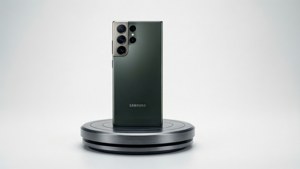 S24 Ultra σε επαγγελματική λήψη προϊόντος πάνω σε βάθρο, με καθαρό λευκό φόντο.