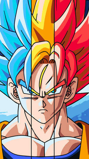 Dragon Ball Z super broly San Goku με πολύχρωμα μαλλιά σε μπλε, κίτρινο και κόκκινο. Δημοφιλές anime.
