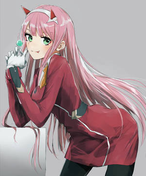 Zero Two leaning and eating lollipop wallpaper. — Motorola Razr 70 Ultra Ταπετσαρία