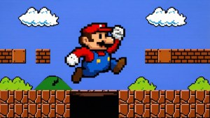 Pixel art όπου ο Mario πηδά πάνω από ένα λάκκο σε ένα κλασικό επίπεδο Super Mario 8-bit, ρετρό και νοσταλγικό. — Mario Ταπετσαρία