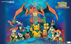 Pokemon Pikachu, Bulbasaur, Ivysaur, Charmeleon, Charizard και Squirtle μαζί με άλλα Pokemon στο mystery dungeon.