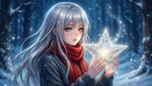 Κορίτσι anime με ασημένια μαλλιά και κόκκινο κασκόλ που κρατά ένα λαμπερό αστέρι σε ένα χιονισμένο δάσος.