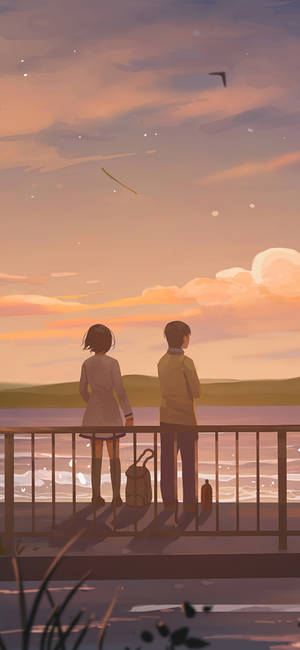 Αγόρι και Κορίτσι Κοιτάζουν τη Λίμνη Τέχνη — Anime τοπίο GIF Ταπετσαρία