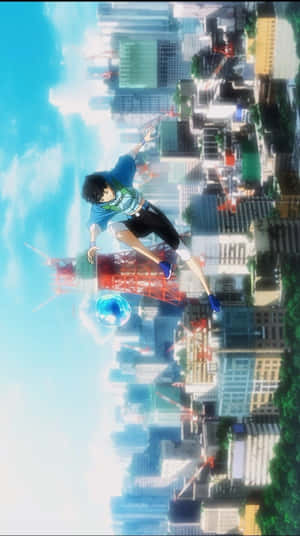 Αγόρι που Πηδά στην Πόλη με Φούσκα - Πορτρέτο Anime — Ανιμέ πόλη GIF Ταπετσαρία