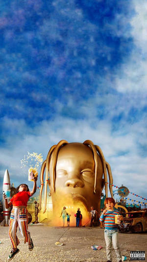 Καυτή ταπετσαρία HD Astroworld με λούνα παρκ και κεφάλι αγάλματος του Travis Scott.