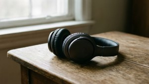 Μια γαλήνια σκηνή με ακουστικά πάνω σε ξύλινο τραπέζι σε απαλό φως. — Μουσική αισθητική Ταπετσαρία