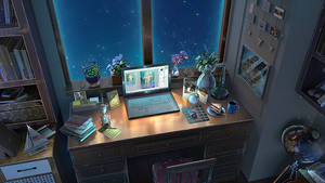 Ανοιχτό Anime Laptop Δίπλα στο Παράθυρο — Anime laptop Ταπετσαρία