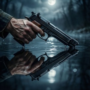 Συμμετρική ἀντανάκλαση ενός χεριού που κρατά όπλο στο νερό. — Motorola Razr 2026 Ταπετσαρία