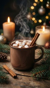 Κοντινό πλάνο ζεστής σοκολάτας με marshmallows και κανέλα, που αποπνέει ζεστά Χριστούγεννα.