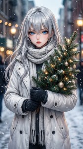 Anime κορίτσι με ασημένια μαλλιά κρατά χριστουγεννιάτικο δέντρο στην πόλη