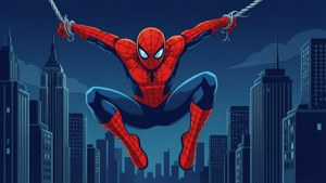 Επίπεδο διανυσματικό σχέδιο του Spiderman να αιωρείται πάνω από κτίρια της πόλης — Spider-Man Ταπετσαρία