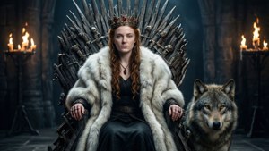 Η Sansa Stark στον Σιδερένιο Θρόνο με έναν λύκο, φανταστικό εναλλακτικό τέλος.