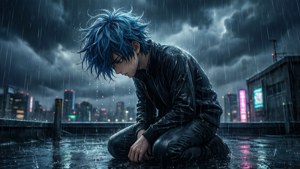 Ένα λυπημένο αγόρι anime γονατίζει σε μια ταράτσα στη βροχή, με το κεφάλι σκυμμένο, μέσα σε ένα θυελλώδες αστικό τοπίο. — Λυπημένο anime GIF Ταπετσαρία
