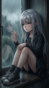 Μια λυπημένη κοπέλα anime κάθεται στο περβάζι ενός παραθύρου, κοιτάζοντας έξω στη βροχή, με το χέρι της να αγγίζει το τζάμι. — iPhone 8 Ταπετσαρία