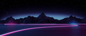 Synthwave τέχνη σε σκοτεινό ουρανό και ταπετσαρία με ροζ κύματα νέον. — 3440x1440 Ταπετσαρία