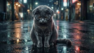 Μια μοναχική γκρίζα γάτα στη βροχή — Anime γάτα Ταπετσαρία