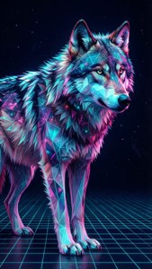 Ένας λύκος γαλαξίας low-poly με νέον γεωμετρικά μοτίβα στέκεται σε ένα πλέγμα synthwave. — iPhone 6 Ταπετσαρία