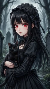 Χαριτωμένο γκόθικ anime κορίτσι με μαύρη γάτα σε νεκροταφείο. — Χάριτωμένο anime προφίλ Ταπετσαρία