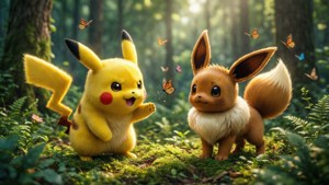 Ο Pikachu και ο Eevee απολαμβάνουν μια παιχνιδιάρικη μέρα στο δάσος. — Pikachu Ταπετσαρία