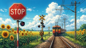 Μια anime διάβαση τρένου περιτριγυρισμένη από χωράφια με ηλιοτρόπια.