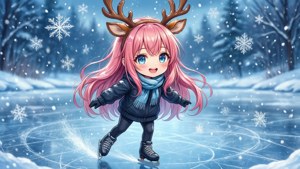Anime κορίτσι με ροζ μαλλιά κάνει πατινάζ σε μια παγωμένη λίμνη τον χειμώνα.