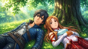 Ο Kirito και η Asuna από το Sword Art Online σε ένα χωράφι — Ανιμέ ζευγάρι GIF Ταπετσαρία