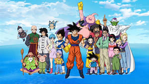 Dragon Ball Χαρακτήρες San Goku, Vegeta, Majinboo και Picollo να στέκονται πάνω στο νερό.