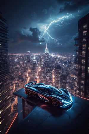εξωτικό hypercar, ταράτσα, πόλη νέον, ουρανοξύστης, δραματικό, κεραυνός, νύχτα, φουτουριστικό, 4K — Cool cars GIF Ταπετσαρία