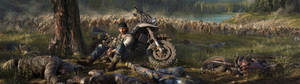 Επίθεση Ζόμπι Days Gone σε Χωράφι ταπετσαρία — 3840x1080 Ταπετσαρία