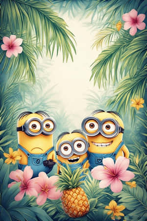 Minions,ταπετσαρία,4K,τροπική ζούγκλα,φύλλα φοίνικα,παστέλ ροζ,παστέλ κίτρινο,λουλούδια,ανανάδες — iPhone 4 Ταπετσαρία