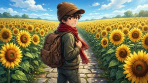 Αγόρι anime να περπατά μέσα από ηλιοτρόπια σε μια ηλιόλουστη μέρα — Ανιμέ παιδιά Ταπετσαρία