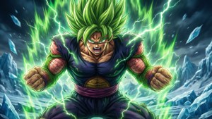 Μια δραματική απεικόνιση του Broly στη μορφή του Θρυλικού Σούπερ Σάιγιαν, που εκπέμπει δύναμη μέσα σε πάγο και καταστροφή. — Dragon ball super broly Ταπετσαρία