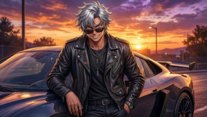 Ένας κομψός anime χαρακτήρας ποζάρει με ένα σπορ αυτοκίνητο στο ηλιοβασίλεμα. φόντα