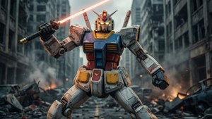 Το RX-78-2 Gundam σε δραματική στάση μάχης μέσα σε μια κατεστραμμένη πόλη.