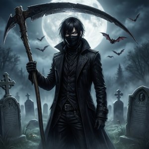 Σκοτεινός anime θεριστής με δρεπάνι σε νεκροταφείο.