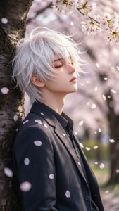 Ένας λυπημένος άντρας anime ακουμπά σε μια ανθισμένη κερασιά, με πέταλα να πέφτουν γύρω του.