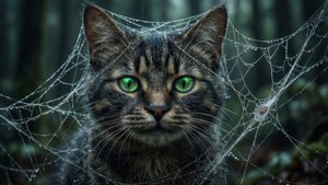 Ο Γάτος Τσέσαϊρ πιασμένος σε ιστό αράχνης με λαμπερά μάτια. — Чеширский кот Ταπετσαρία