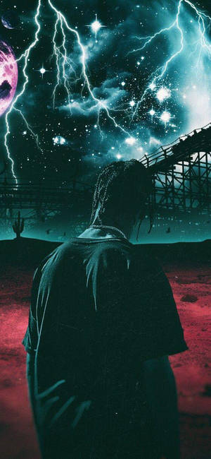 Ταπετσαρία Astroworld με αισθητική εικόνα του Travis Scott και φόντο με κεραυνούς. — iPhone Xs Max Ταπετσαρία