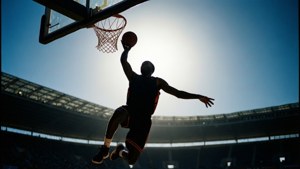 Σιλουέτα ενός παίκτη που εκτελεί κάρφωμα κάτω από τα έντονα φώτα του γηπέδου. — Μπάσκετ GIF Ταπετσαρία