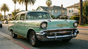 Ένα κλασικό Chevy Bel Air σε μέντα πράσινο σε μια ηλιόλουστη ρετρό γειτονιά — Ρετρό αισθητική Ταπετσαρία