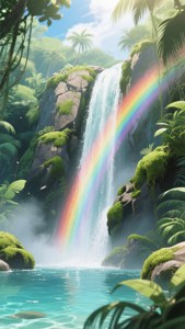 Ένας μεγαλοπρεπής καταρράκτης anime με ουράνιο τόξο στην ομίχλη. — Anime τοπίο GIF Ταπετσαρία