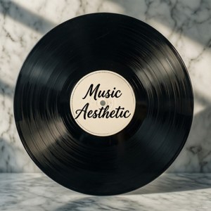 Δίσκος βινυλίου με κείμενο 'Music Aesthetic' σε μινιμαλιστικό μάρμαρο. — Μουσική αισθητική Ταπετσαρία