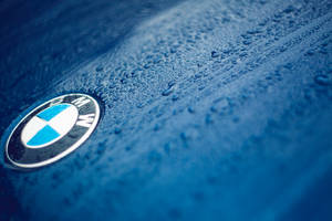 Κοντινή ταπετσαρία λογότυπου BMW σε μπλε αυτοκίνητο με σταγόνες