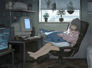 Κορίτσι Anime Κοιμάται Μπροστά από Φορητό Υπολογιστή — Anime laptop Ταπετσαρία