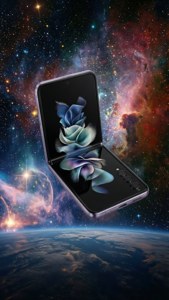 Το Z Flip 5 να αιωρείται στο διάστημα με ένα ζωντανό νεφέλωμα και έναστρο φόντο.
