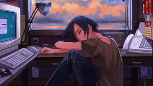 Κουρασμένο κορίτσι anime μπροστά από φορητό υπολογιστή — Anime laptop Ταπετσαρία