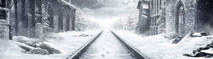 Ταπετσαρία με κτίριο του Metro Exodus στο χιόνι — 32:9 Ταπετσαρία