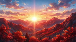 Τοπίο βουνού σε ζωηρό κόκκινο χρώμα με στυλ anime και δύση ηλίου